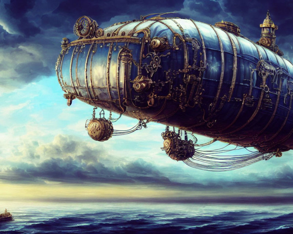 Steampunk-style airship with intricate metalwork above clouds at dusk.