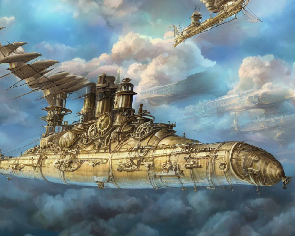 Steampunk fantasy airships soaring in blue skies