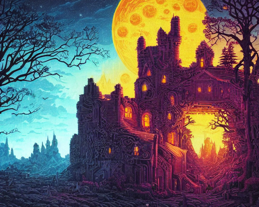 Gothic mansion under yellow moon in eerie landscape