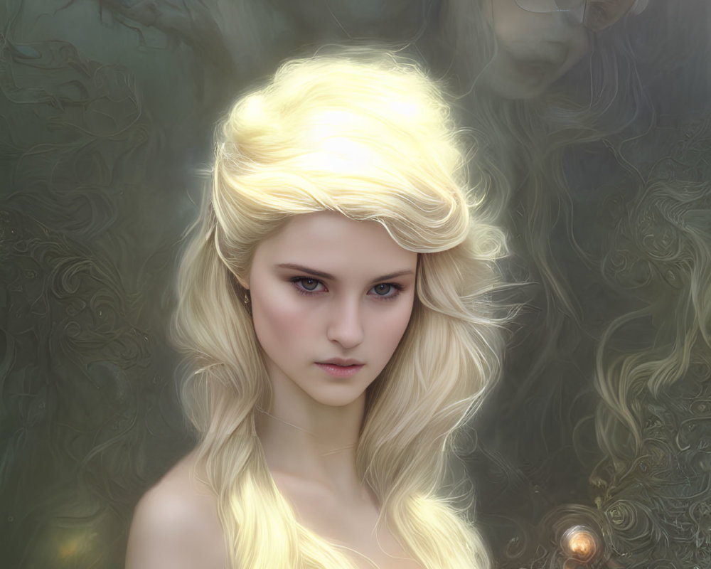 Portrait of woman with flowing blonde hair in mystical setting