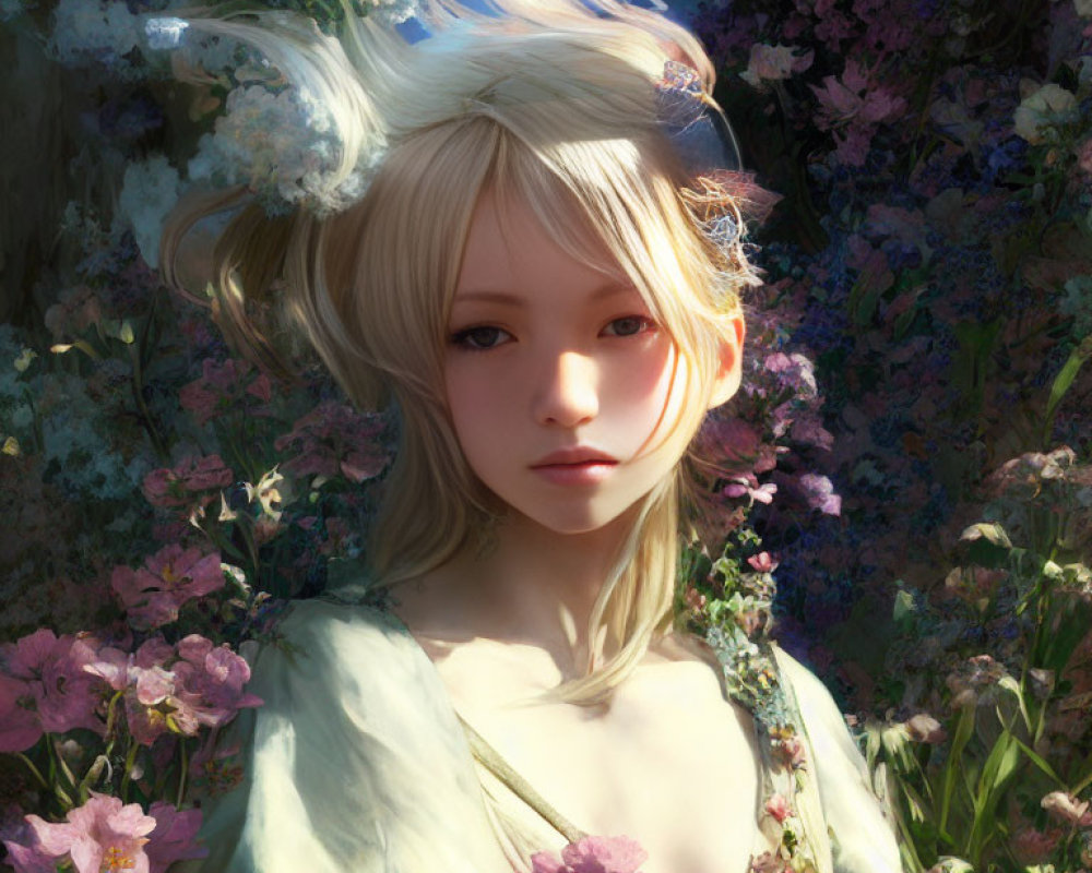 Ethereal girl with expressive eyes and delicate flowers in soft sunlight