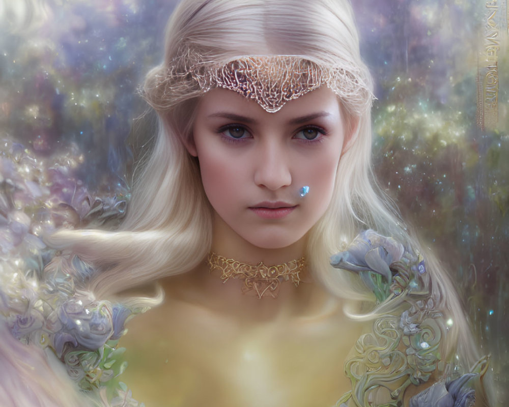 Blonde woman fantasy portrait with ethereal glow and floral elements