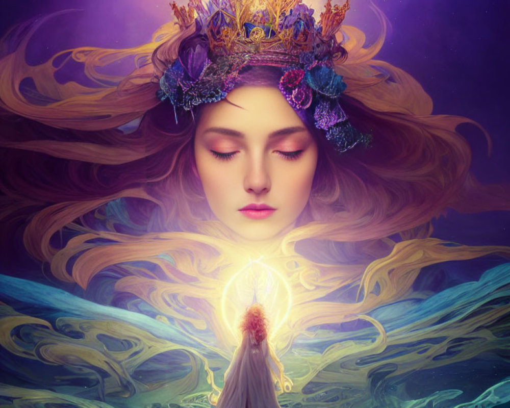 Woman with flowing hair and floral crown glowing in mystical backdrop