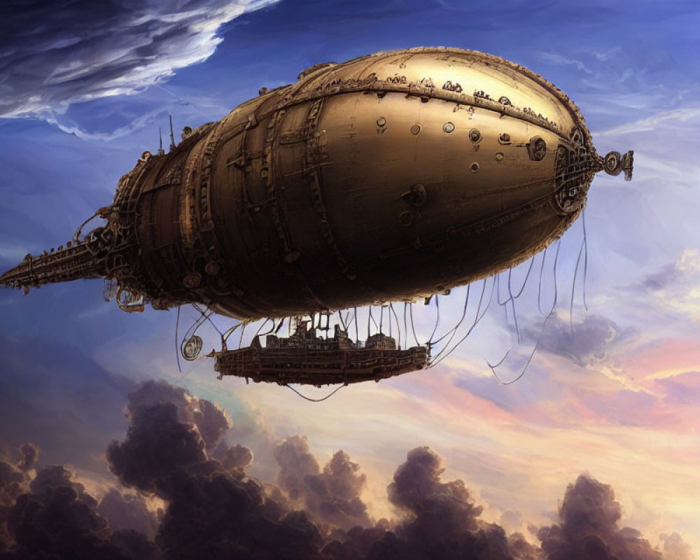 Steampunk-style airship illustration in dramatic sunset sky