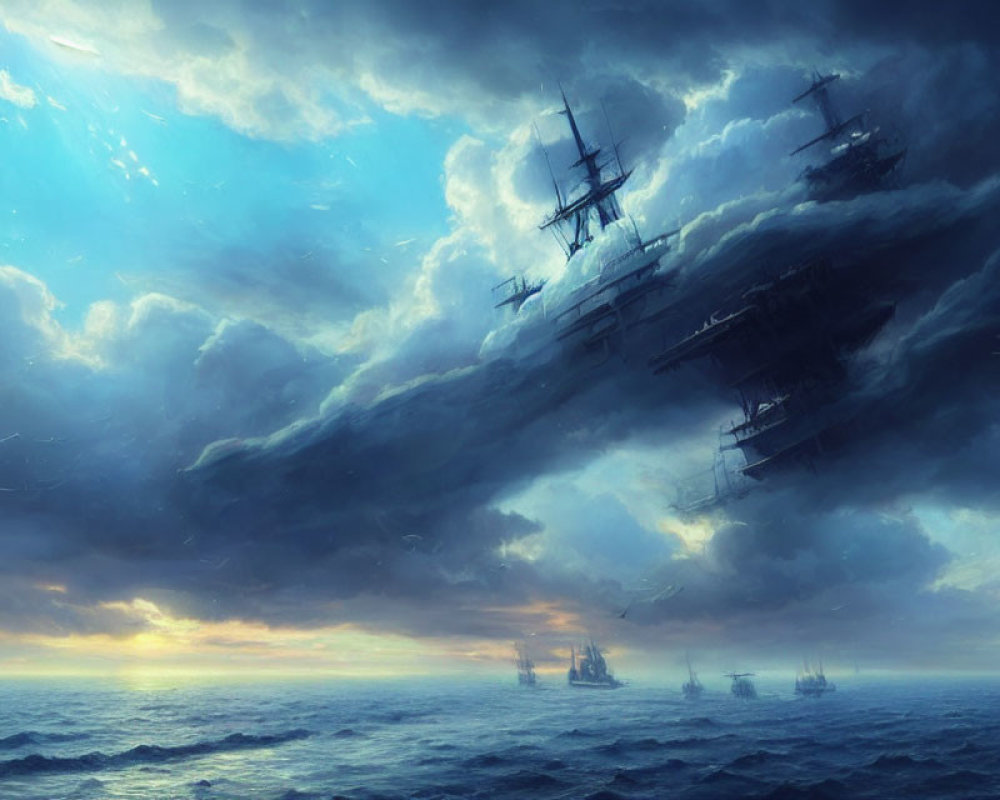 Sailing ships in stormy twilight ocean scene