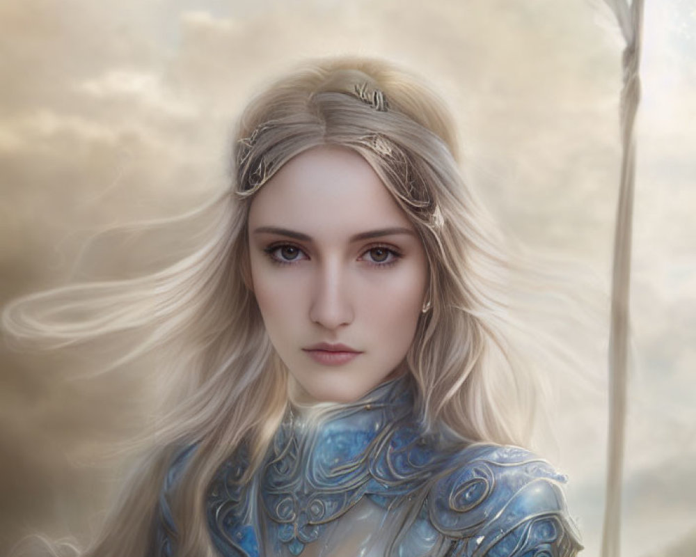 Fantasy female warrior in blue armor with spear on cloudy background