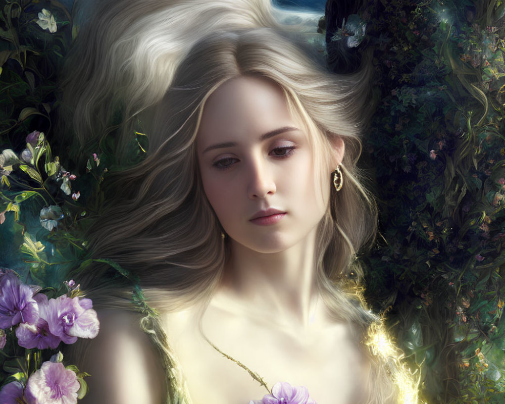 Fantasy portrait of woman with flowing hair in lush greenery