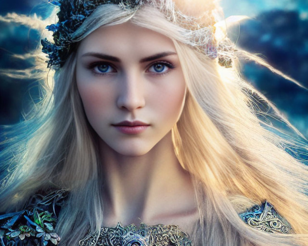 Majestic woman with blue eyes in ornate armor under dramatic sky