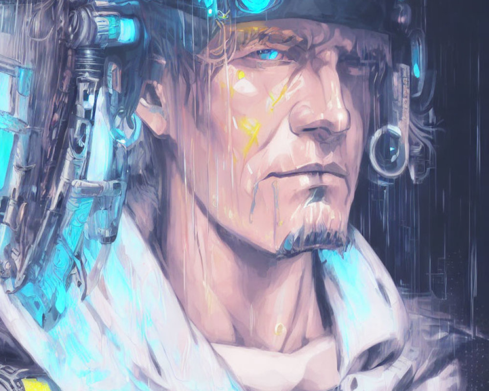 Cybernetic male figure with blue eyes in digital painting