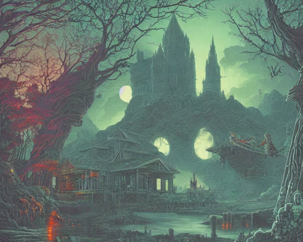 Fantastical landscape with glowing houses, ominous trees, and intricate castle under twin moons