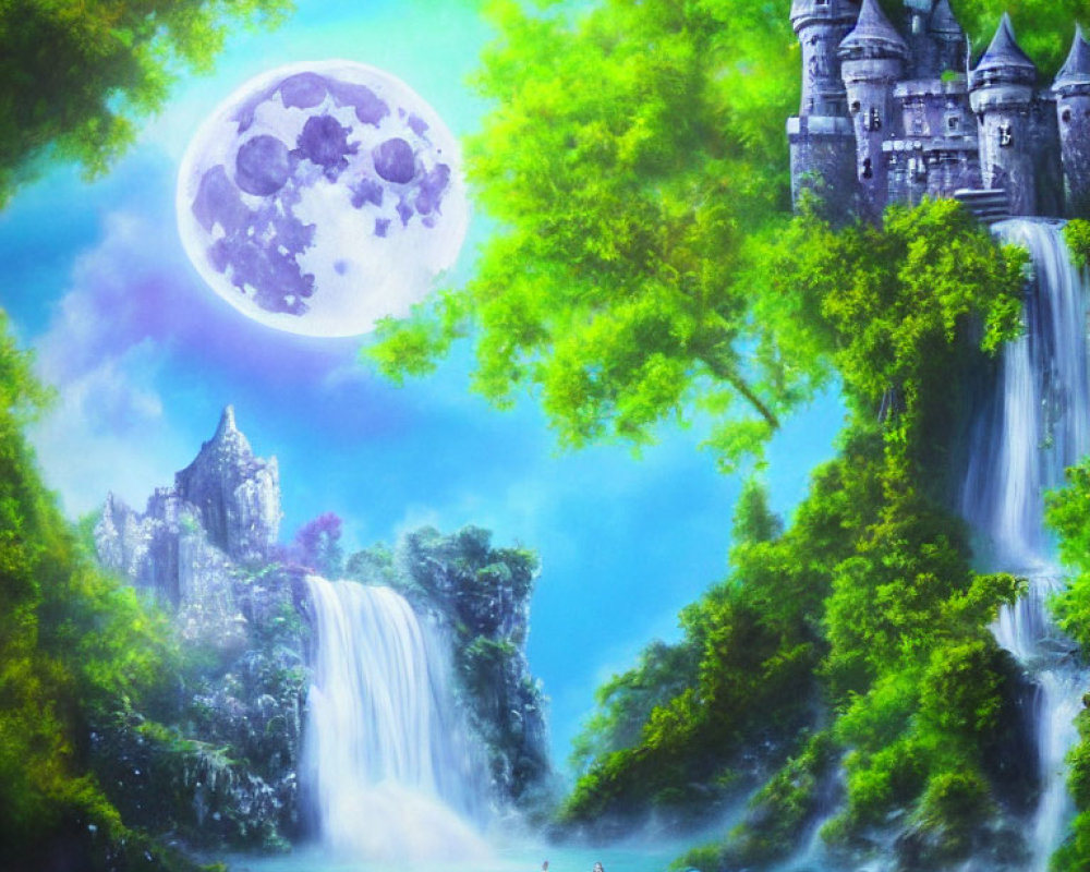 Fantasy landscape with moon, waterfalls, castles, and figures