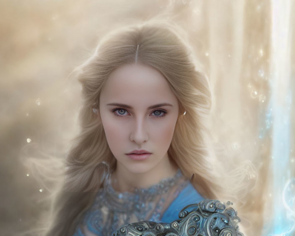 Blonde woman in silver armor against ethereal backdrop