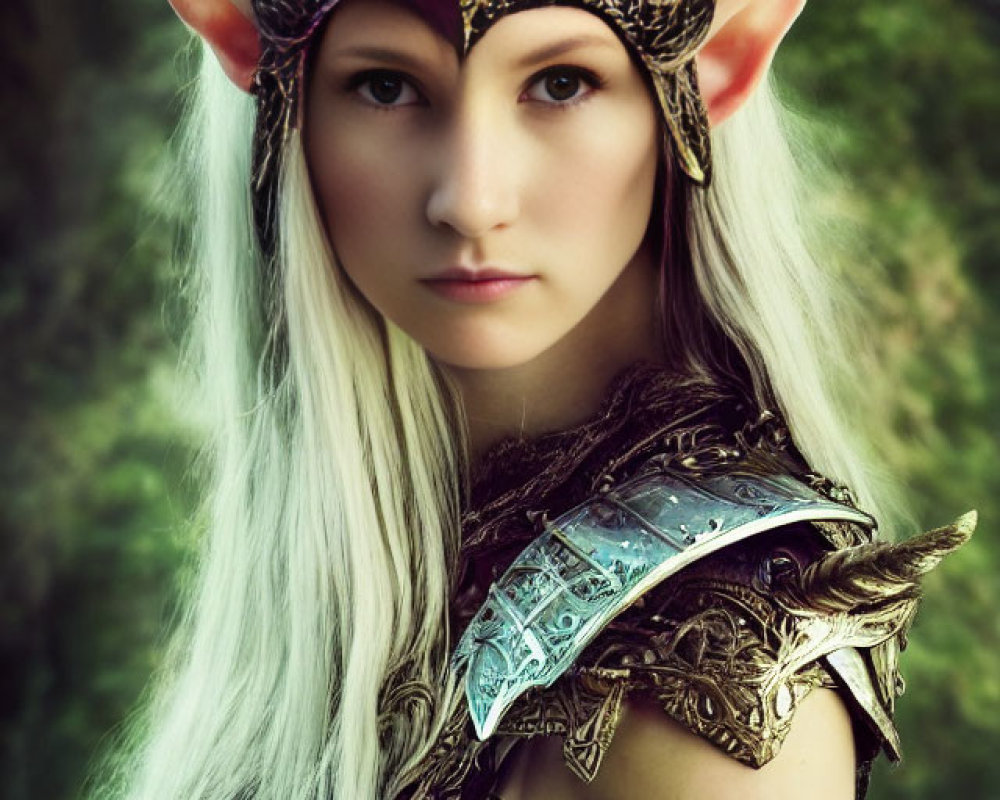 Elaborate fantasy elf costume with pointed ears and ornate armor in woodland setting