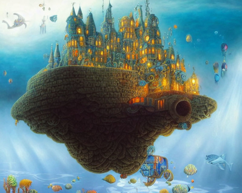 Floating city on rock island with airships, marine life, and underwater habitats in serene oceanic setting