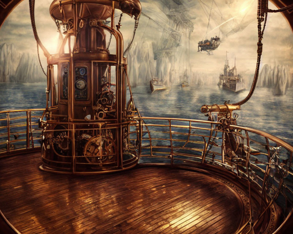 Steampunk airship scene with brass instruments and gears overlooking floating ships and waterfalls under cloudy sky