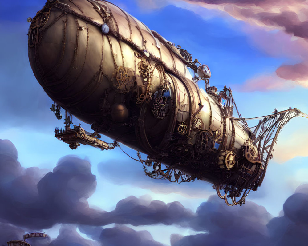 Intricately designed steampunk airship floating among clouds