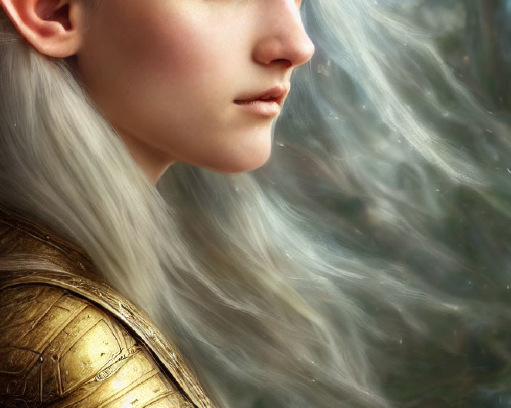 Fair-skinned elf with blue eyes and white hair in golden armor against nature backdrop