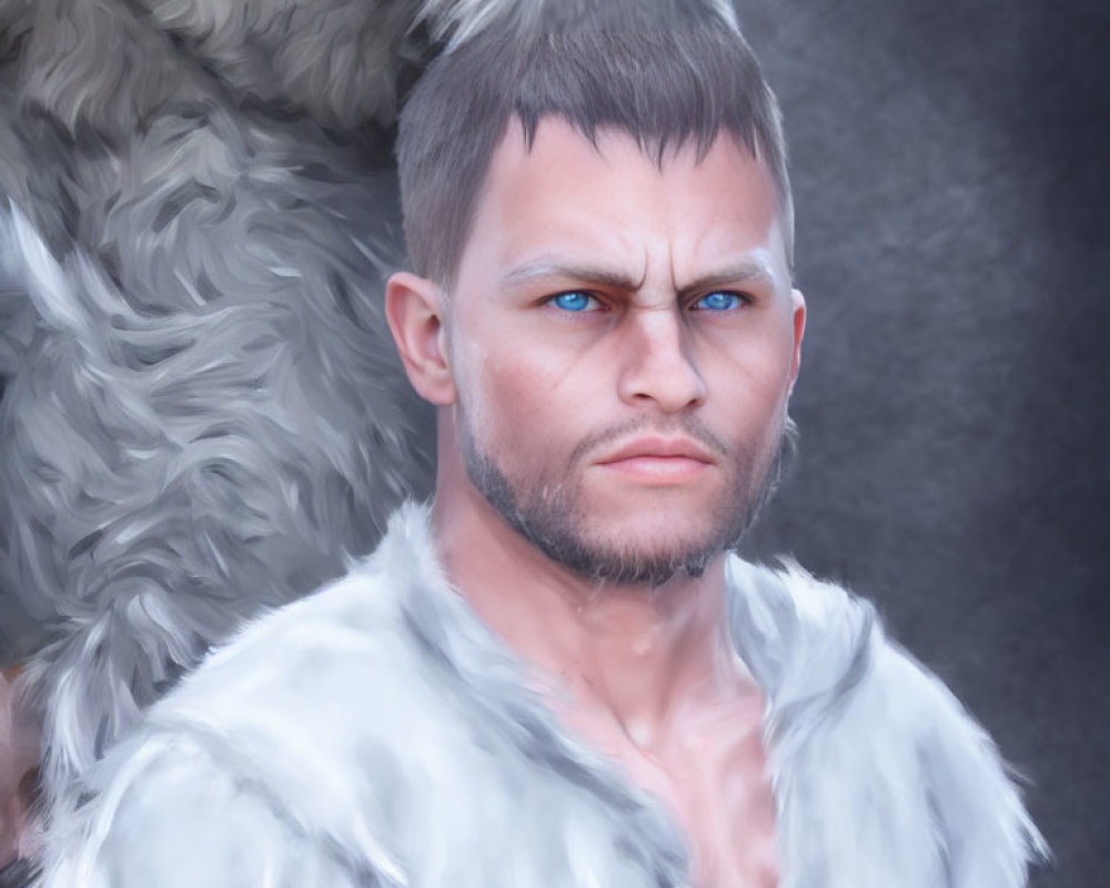 Male Figure with Intense Blue Eyes and Fur Cloak Portrait