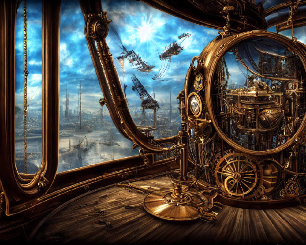 Steampunk interior with brass gears and harbor view.