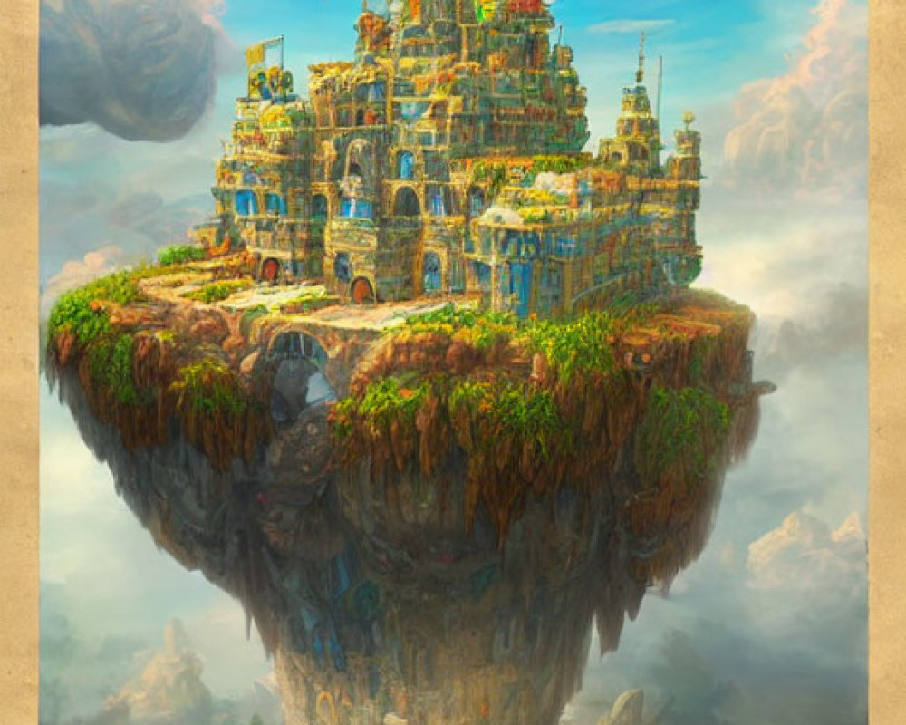 Fantastical floating city with advanced architecture and lush greenery