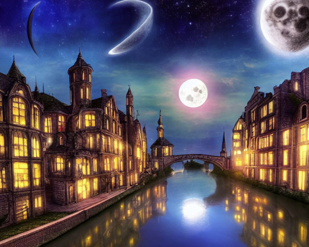 Surreal nightscape with illuminated vintage buildings and two moons