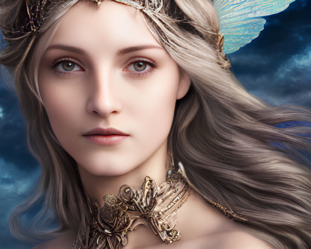 Fantasy portrait of woman with ornate jewelry, butterfly crown, and iridescent wings