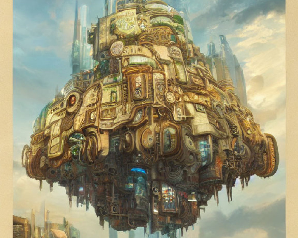 Futuristic and ancient architecture in floating city above clouds