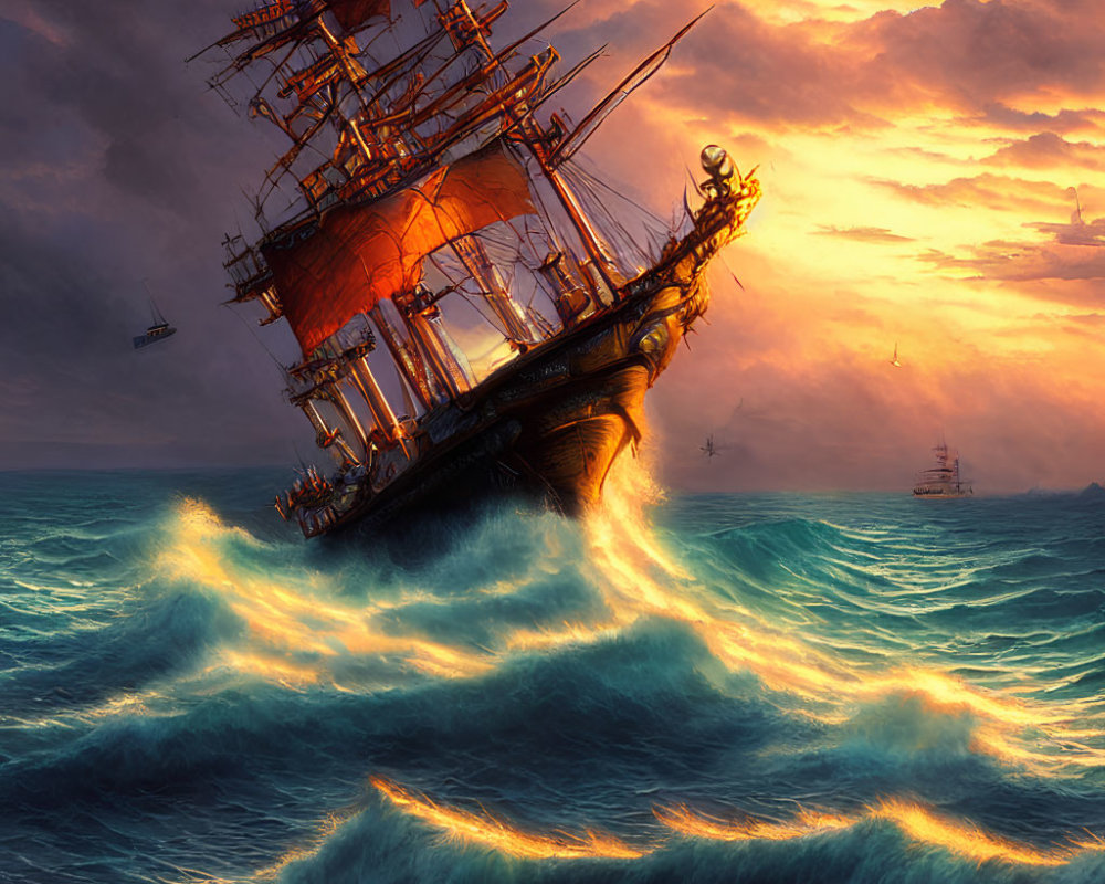 Sailing ship navigating stormy seas at sunset