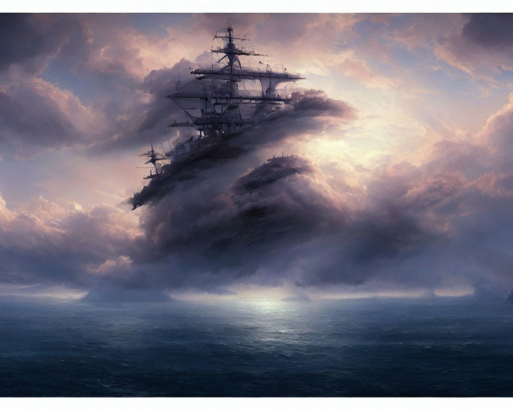 Sailing ship in turbulent seas under dramatic sky