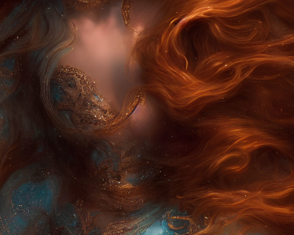 Digital artwork: Woman with flowing red hair, blue & gold dress blending into abstract pattern