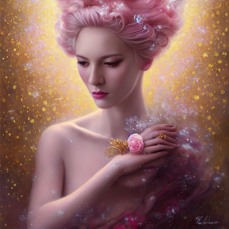 Portrait of Woman with Pink Hair and Rose, Golden Sparkling Backdrop