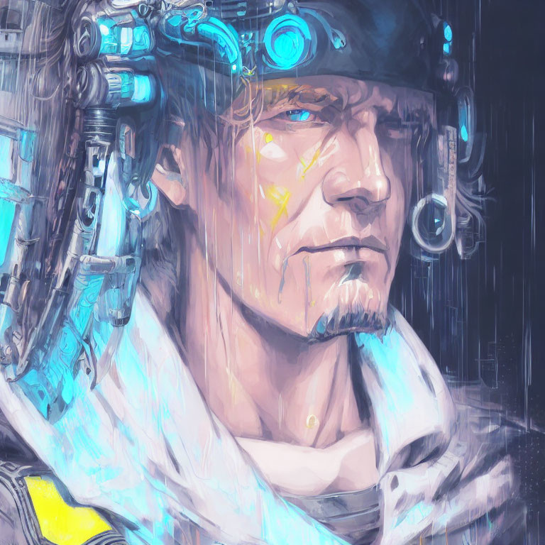 Cybernetic male figure with blue eyes in digital painting