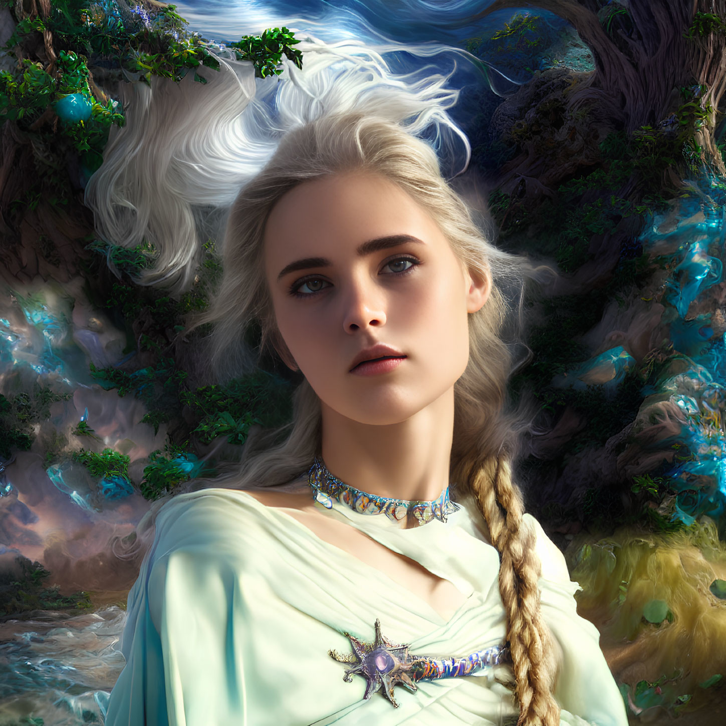 Woman with white hair and star pendant in lush woodland scene