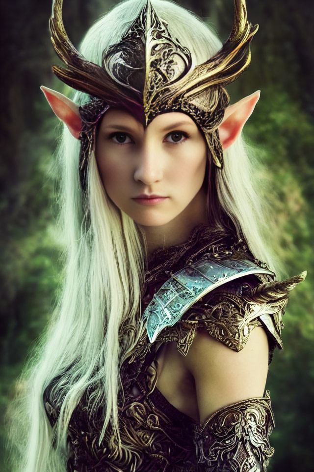 Elaborate fantasy elf costume with pointed ears and ornate armor in woodland setting