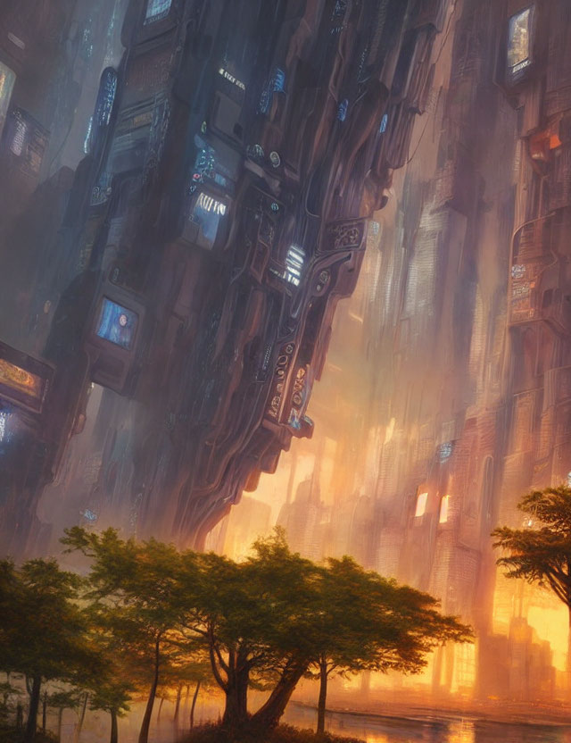 Futuristic cityscape hovering over serene landscape at sunrise.