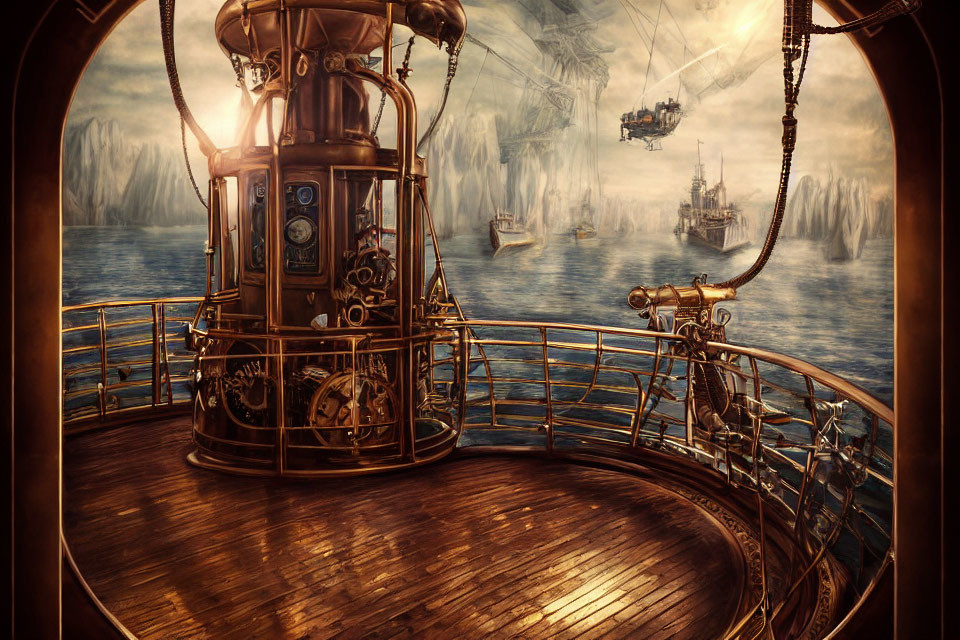 Steampunk airship scene with brass instruments and gears overlooking floating ships and waterfalls under cloudy sky