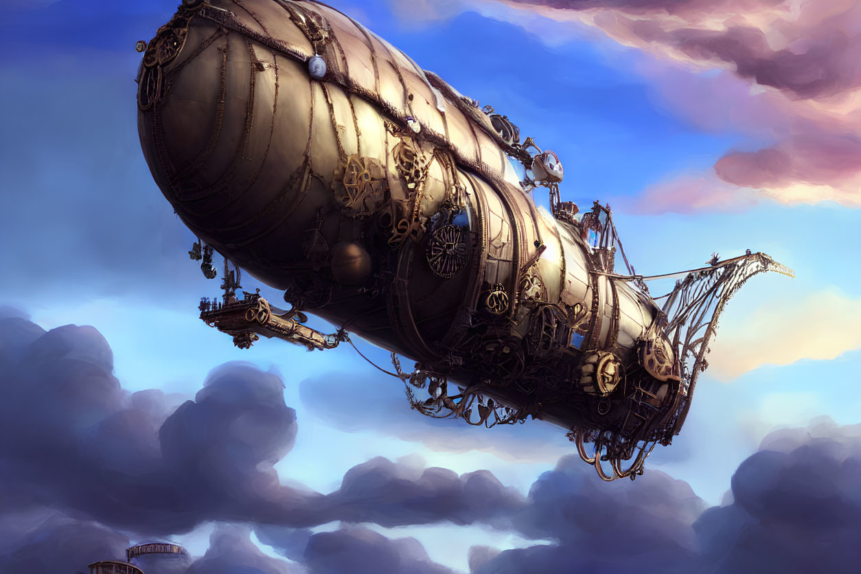 Intricately designed steampunk airship floating among clouds