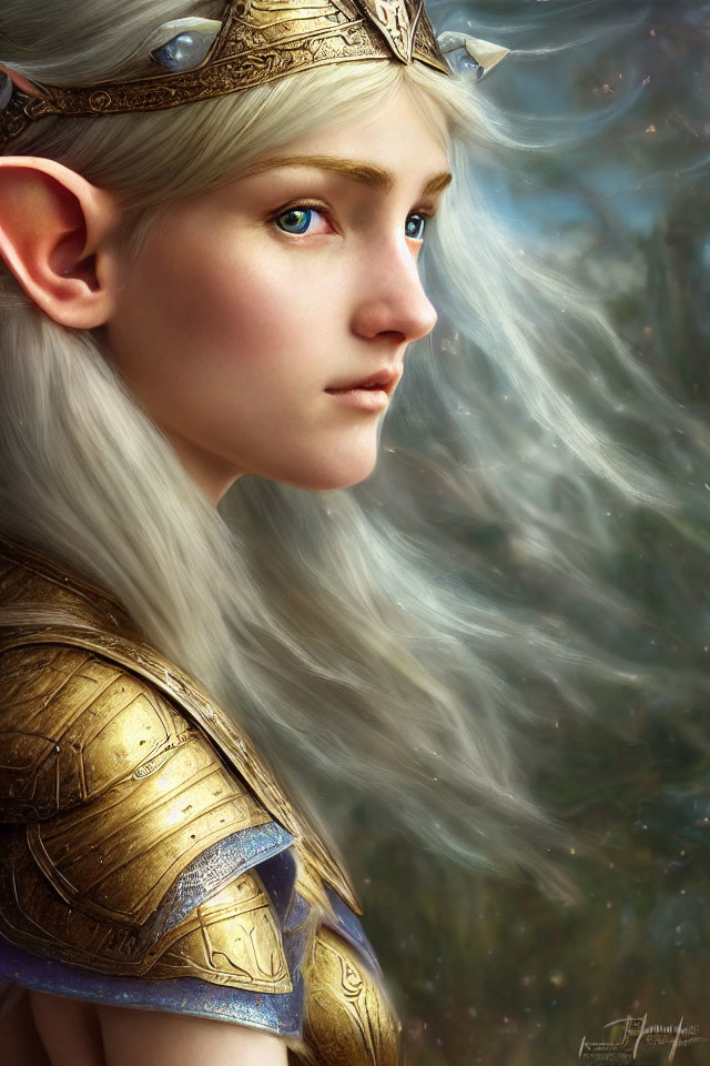 Fair-skinned elf with blue eyes and white hair in golden armor against nature backdrop