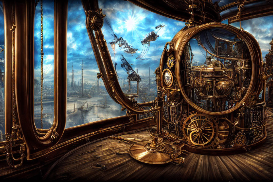 Steampunk interior with brass gears and harbor view.