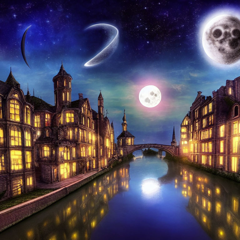 Surreal nightscape with illuminated vintage buildings and two moons