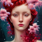 Vibrant red-haired woman with pink flowers against starry backdrop