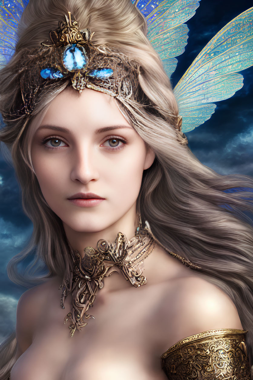 Fantasy portrait of woman with ornate jewelry, butterfly crown, and iridescent wings