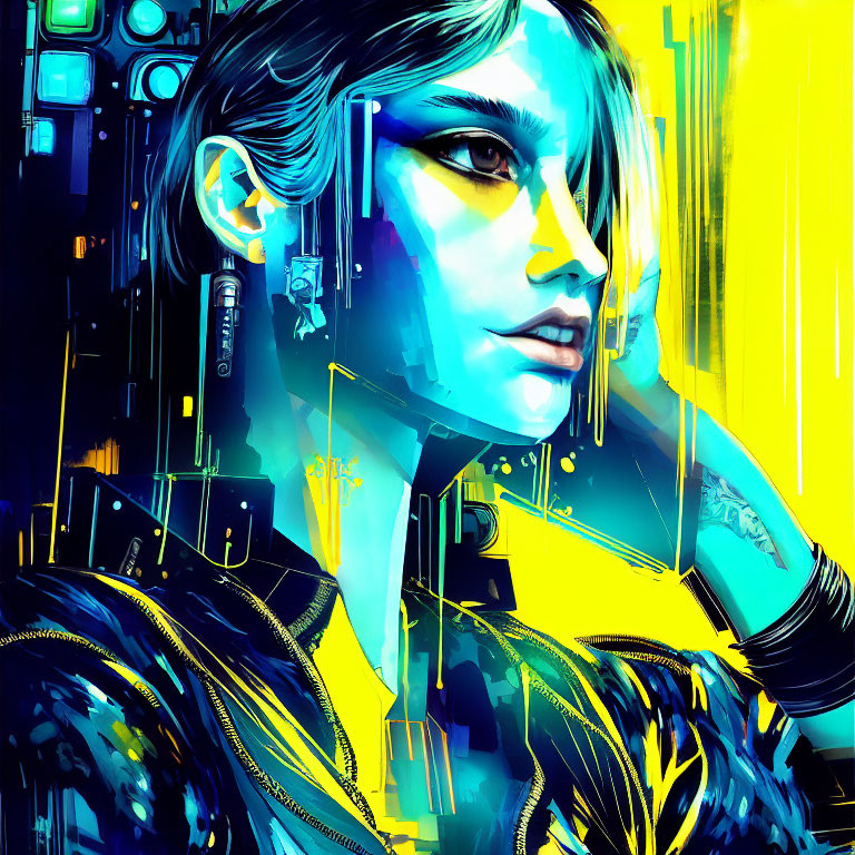 Cyberpunk-themed digital artwork with blue and yellow hues