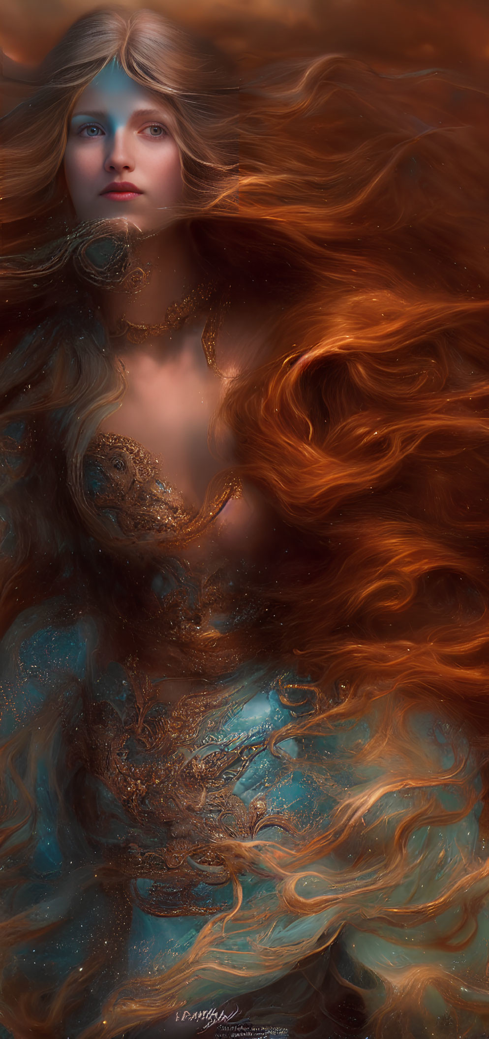 Digital artwork: Woman with flowing red hair, blue & gold dress blending into abstract pattern