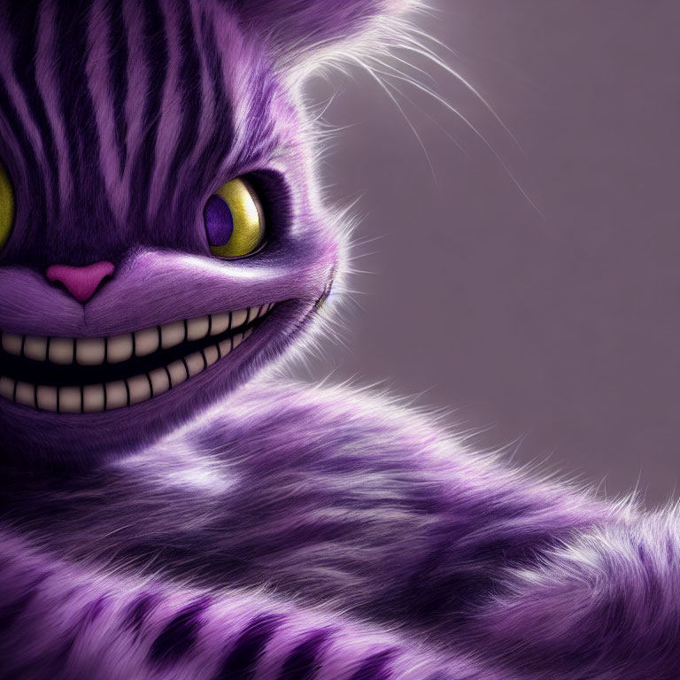 Detailed Close-Up of Grinning Purple Striped Cartoon Cat