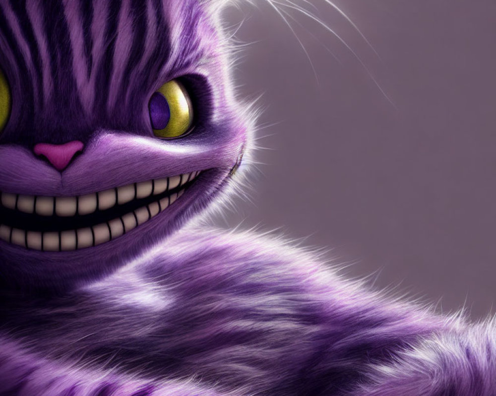 Detailed Close-Up of Grinning Purple Striped Cartoon Cat