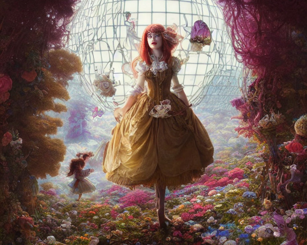 Vibrant flower-filled landscape with girl in yellow dress and red hair