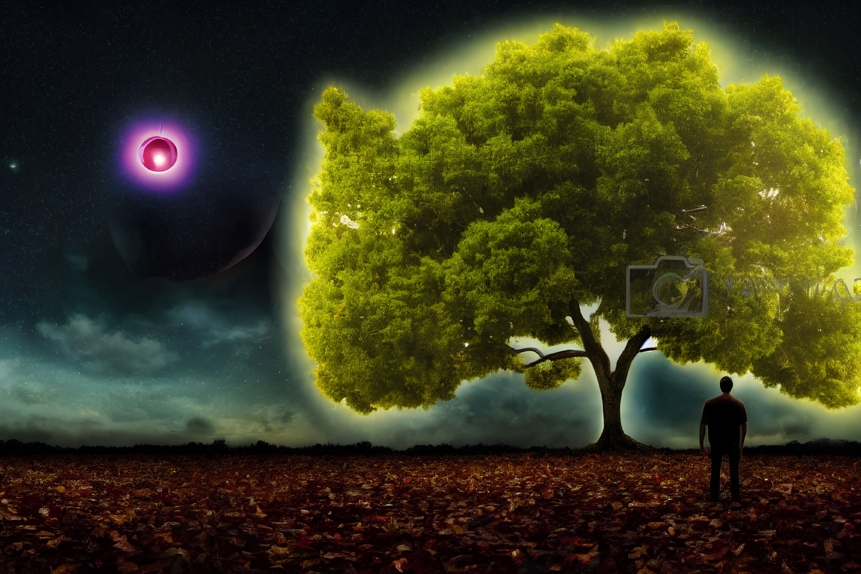 Person standing under glowing tree in surreal night sky with purple-ringed eclipse and fallen leaves field.