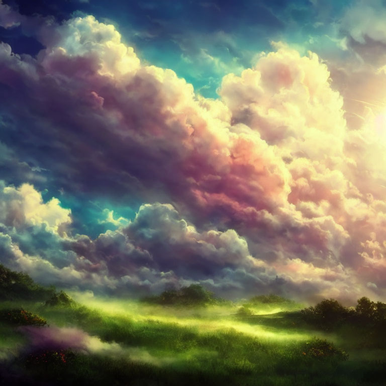 Dramatic sky over misty meadow in vibrant landscape