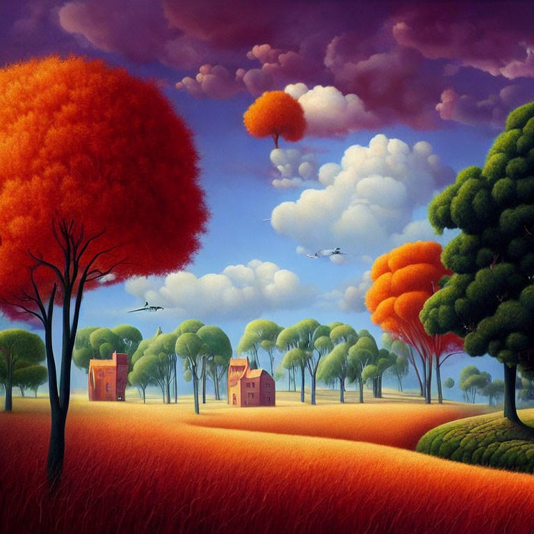 Colorful autumn landscape with red-orange foliage, trees, house, and birds under surreal sky